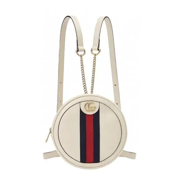 NEW! GUCCI ROUND LEATHER WHITE WEB BACKPACK SHOULDER BAG AUTHENTIC BOX! - Picture 1 of 9